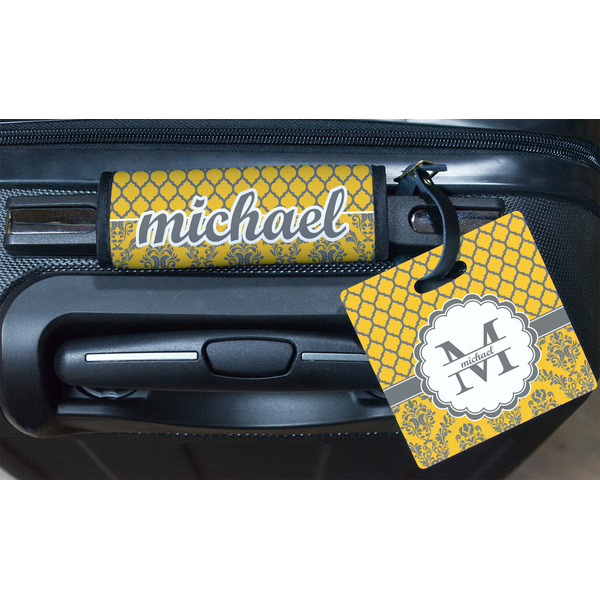 Damask & Moroccan Square Luggage Tag & Handle Wrap - In Context