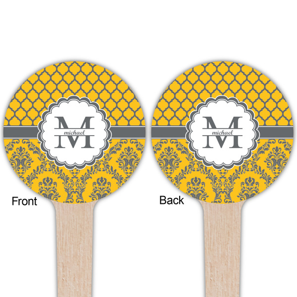 Damask & Moroccan Wooden 4" Food Pick - Round - Double Sided - Front & Back