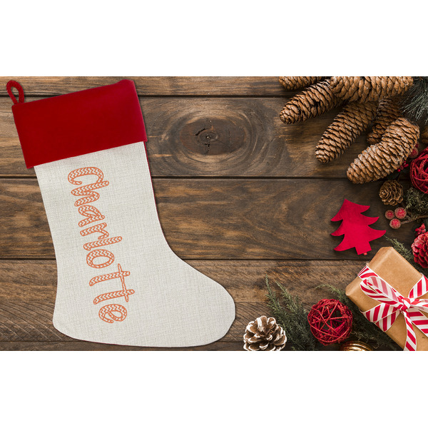 Chevron Linen Stocking w/Red Cuff - Flat Lay (LIFESTYLE)