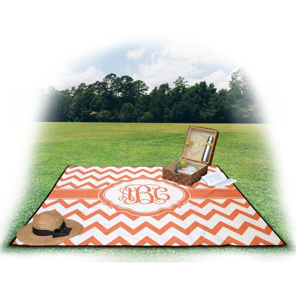 Chevron Picnic Blanket - with Basket Hat and Book - in Use