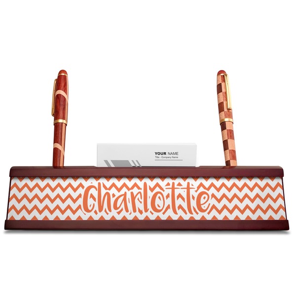 Chevron Red Mahogany Nameplates with Business Card Holder - Straight
