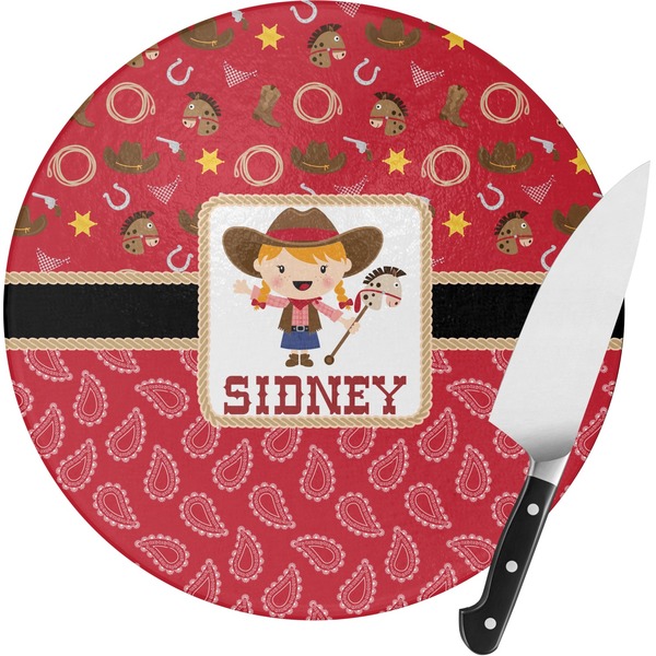 Custom Red Western Round Glass Cutting Board - Small (Personalized)