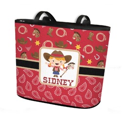 Red Western Bucket Tote w/ Genuine Leather Trim - Large w/ Front & Back Design (Personalized)