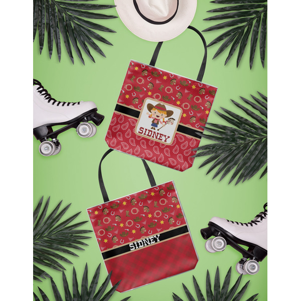 Red Western Canvas Tote Lifestyle Front and Back- 13x13