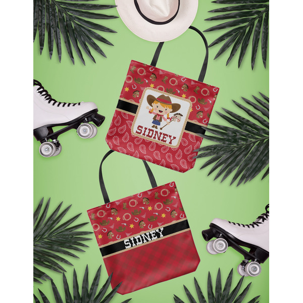 Red Western Canvas Tote Lifestyle Front and Back