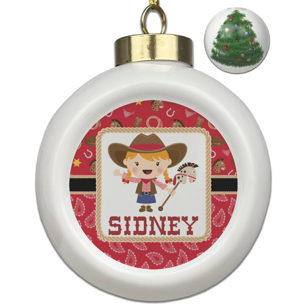 Custom Red Western Ceramic Ball Ornament - Christmas Tree (Personalized)