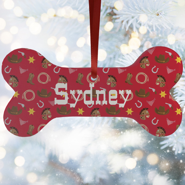 Custom Red Western Ceramic Dog Ornament w/ Name or Text