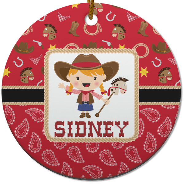 Custom Red Western Round Ceramic Ornament w/ Name or Text
