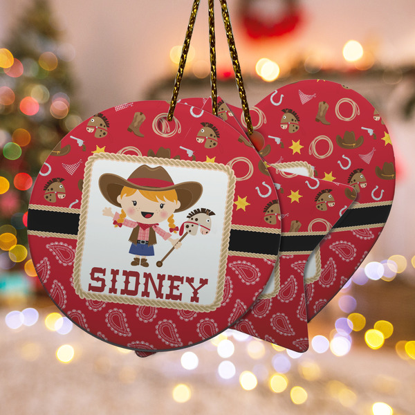 Custom Red Western Ceramic Ornament w/ Name or Text