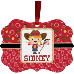 Red Western Metal Frame Ornament - Double Sided w/ Name or Text