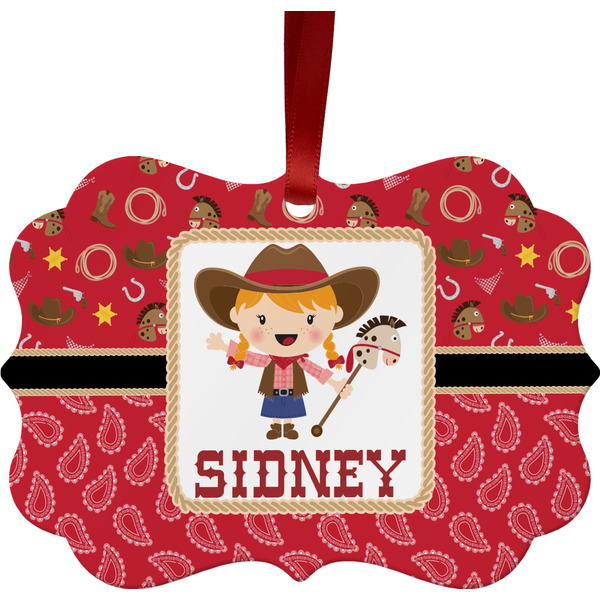 Custom Red Western Metal Frame Ornament - Double Sided w/ Name or Text