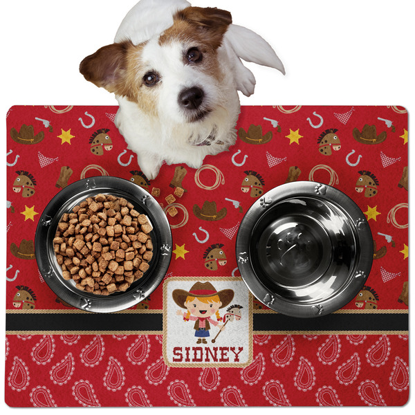 Custom Red Western Dog Food Mat - Medium w/ Name or Text