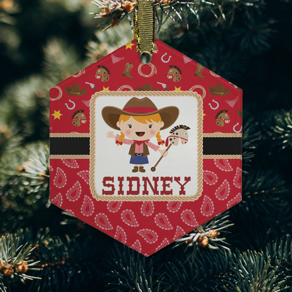 Red Western Frosted Glass Ornament - Hexagon (Lifestyle)