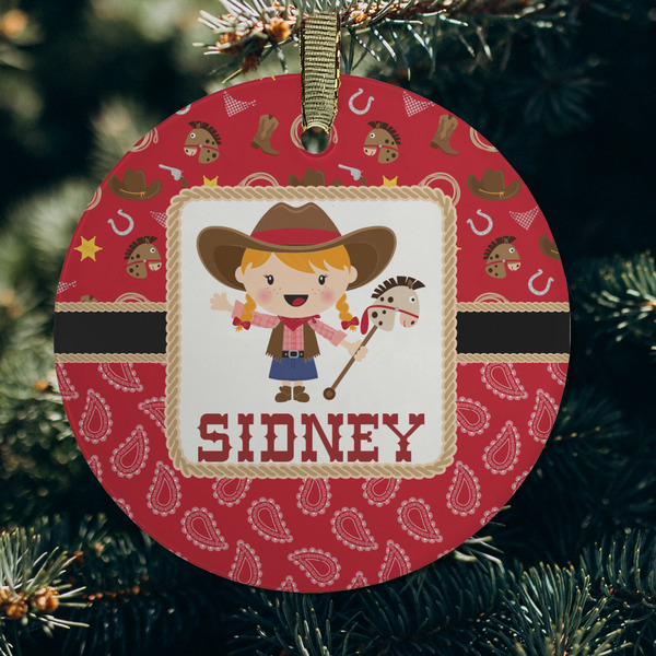 Red Western Frosted Glass Ornament - Round (Lifestyle)