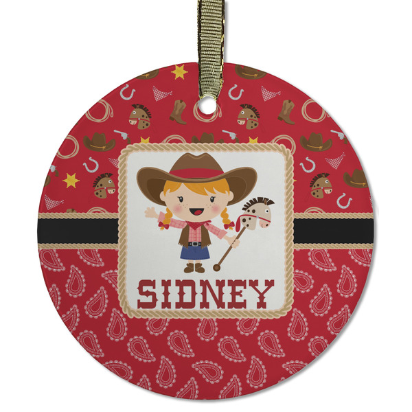 Custom Red Western Flat Glass Ornament - Round w/ Name or Text