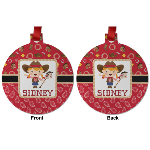 Red Western Metal Ball Ornament - Front and Back