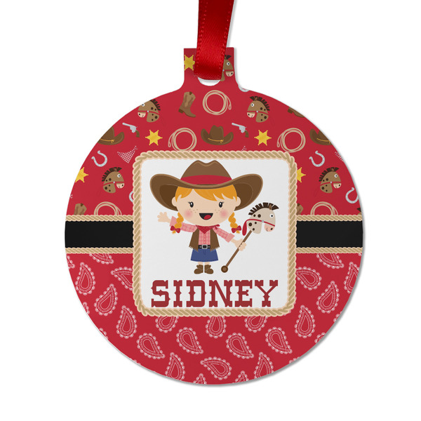 Custom Red Western Metal Ball Ornament - Double Sided w/ Name or Text