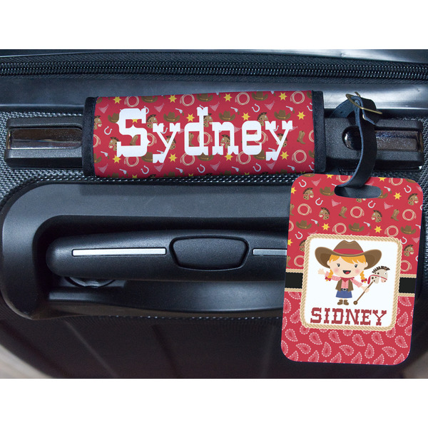 Red Western Metal Luggage Tag & Handle Wrap - In Context