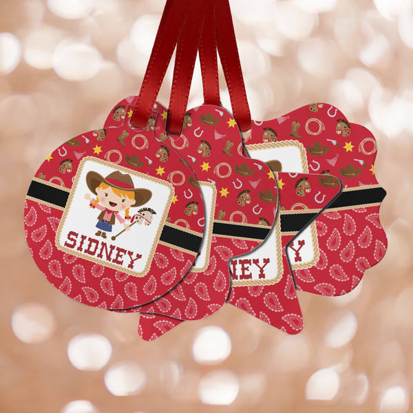 Custom Red Western Metal Ornaments - Double Sided w/ Name or Text