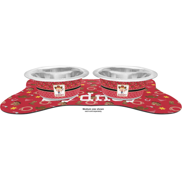 Red Western Metal Pet Bowls - On Dog Bone Shaped Mat