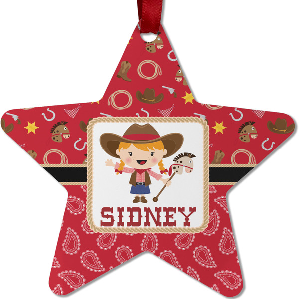 Custom Red Western Metal Star Ornament - Double Sided w/ Name or Text