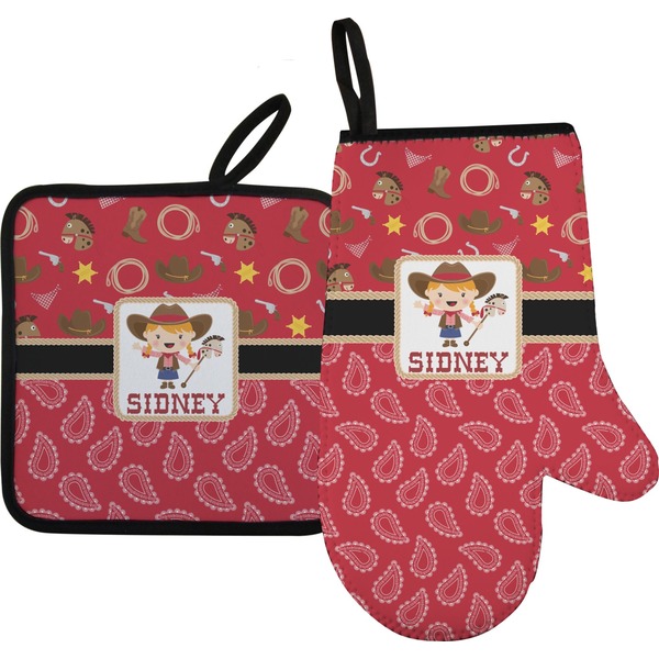 Custom Red Western Right Oven Mitt & Pot Holder Set w/ Name or Text