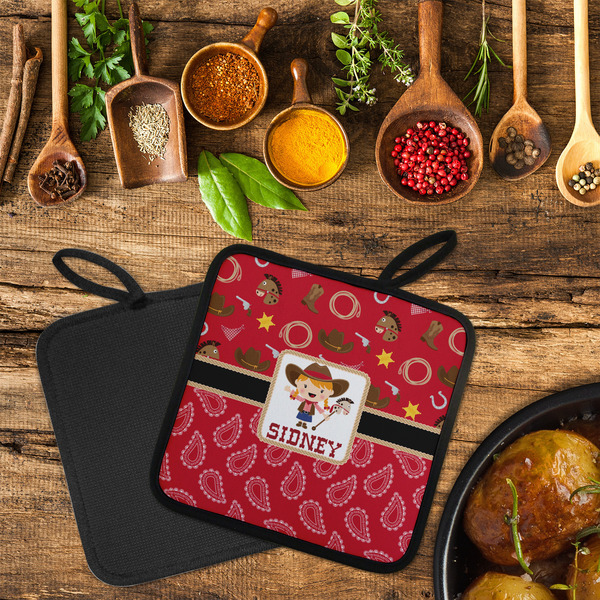 Red Western Neoprene Pot Holder - Set of 2  LIFESTYLE (Flatlay)