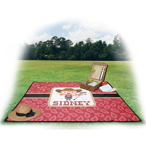 Red Western Picnic Blanket - with Basket Hat and Book - in Use