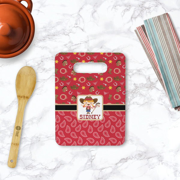 Red Western Rectangle Trivet with Handle - LIFESTYLE