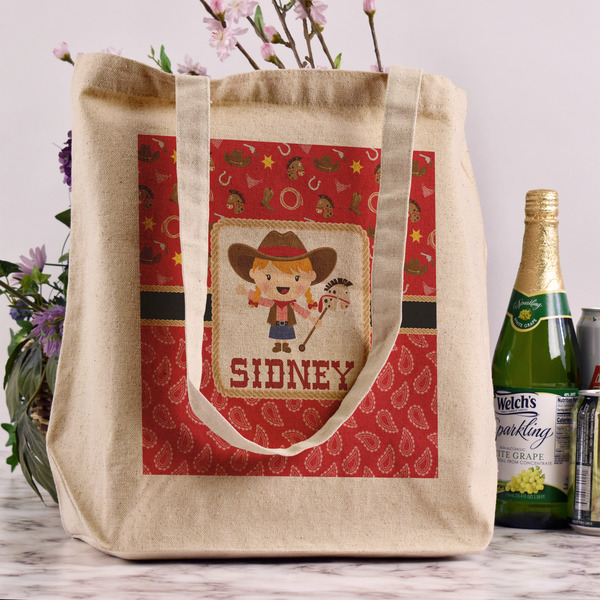 Red Western Reusable Cotton Grocery Bag - In Context