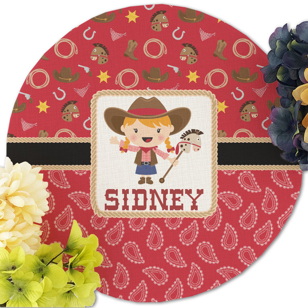 Red Western Round Linen Placemats - Front (w flowers)