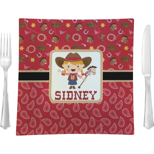 Custom Red Western 9.5" Glass Square Lunch / Dinner Plate- Single or Set of 4 (Personalized)