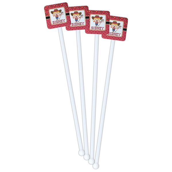 Red Western White Plastic Stir Stick - Double Sided - Square - Front