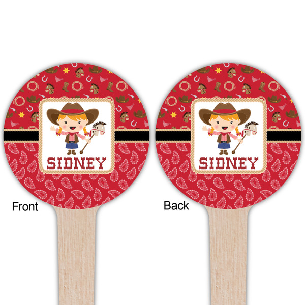 Red Western Wooden 4" Food Pick - Round - Double Sided - Front & Back