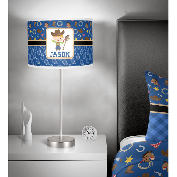 Blue Western 13 inch drum lamp shade - in room
