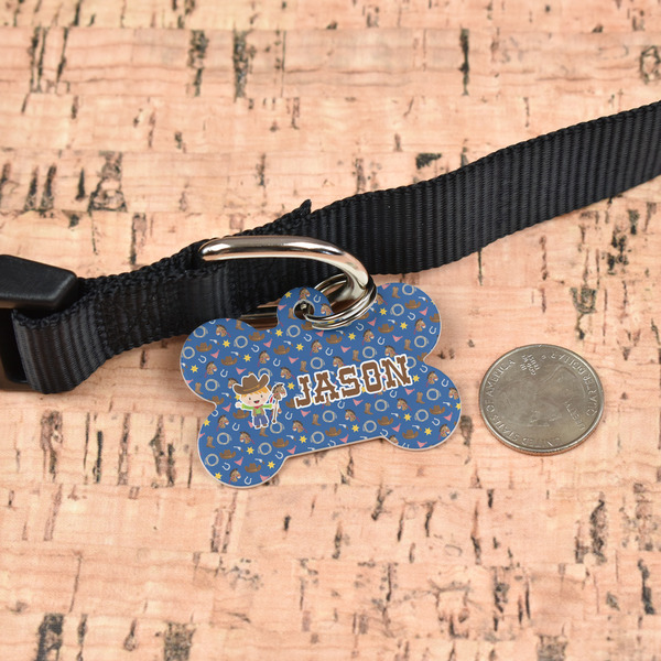 Blue Western Bone Shaped Dog ID Tag - Large - In Context