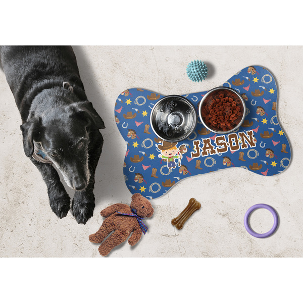 Blue Western Bone Shaped Mat w/ Food & Water