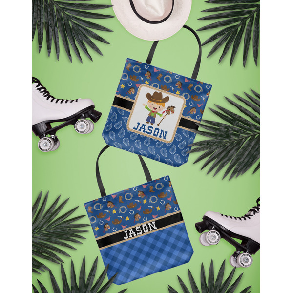 Blue Western Canvas Tote Lifestyle Front and Back