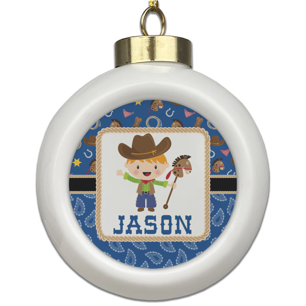 Custom Blue Western Ceramic Ball Ornament (Personalized)