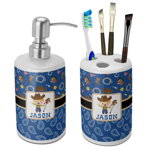 Custom Blue Western Ceramic Bathroom Accessories Set (Personalized)