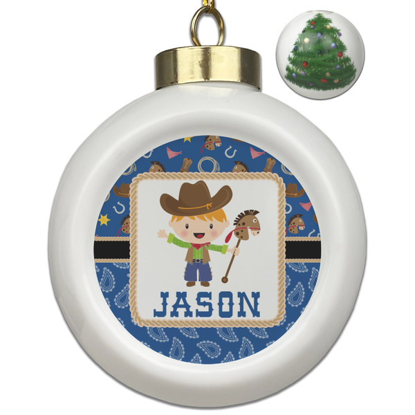 Custom Blue Western Ceramic Ball Ornament - Christmas Tree (Personalized)
