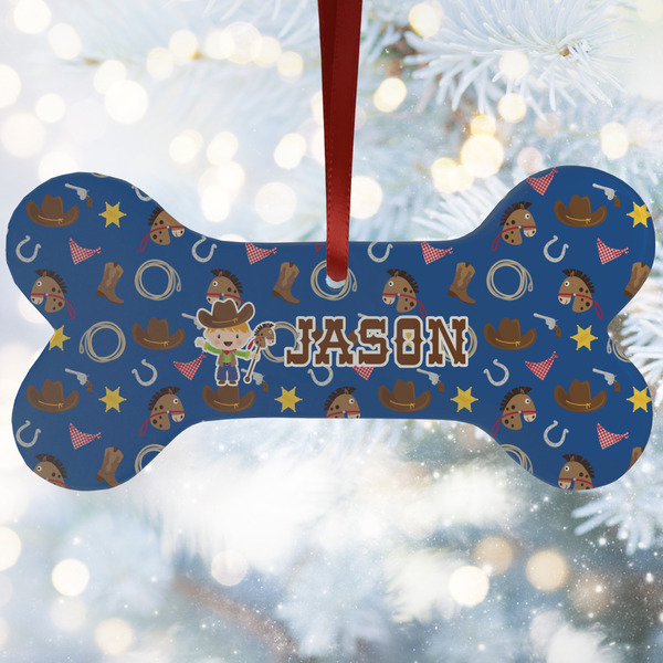 Custom Blue Western Ceramic Dog Ornament w/ Name or Text