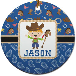 Blue Western Round Ceramic Ornament w/ Name or Text