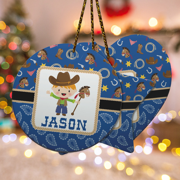 Custom Blue Western Ceramic Ornament w/ Name or Text