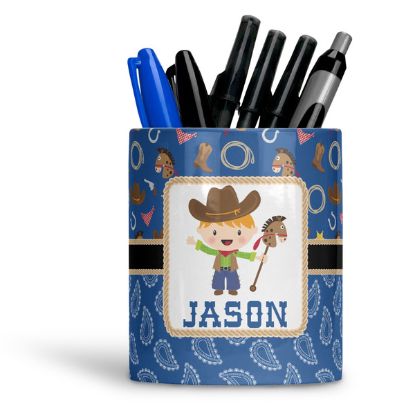 Custom Blue Western Ceramic Pen Holder