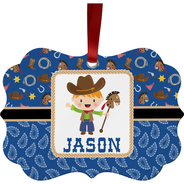 Custom Blue Western Metal Frame Ornament - Double Sided w/ Name or Text