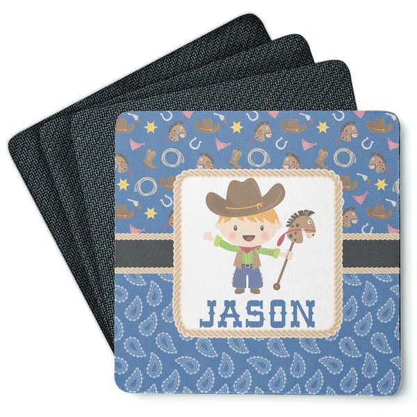Custom Blue Western Square Rubber Backed Coasters - Set of 4 (Personalized)
