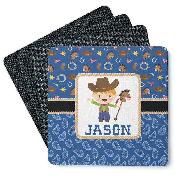 Custom Blue Western Square Rubber Backed Coasters - Set of 4 (Personalized)