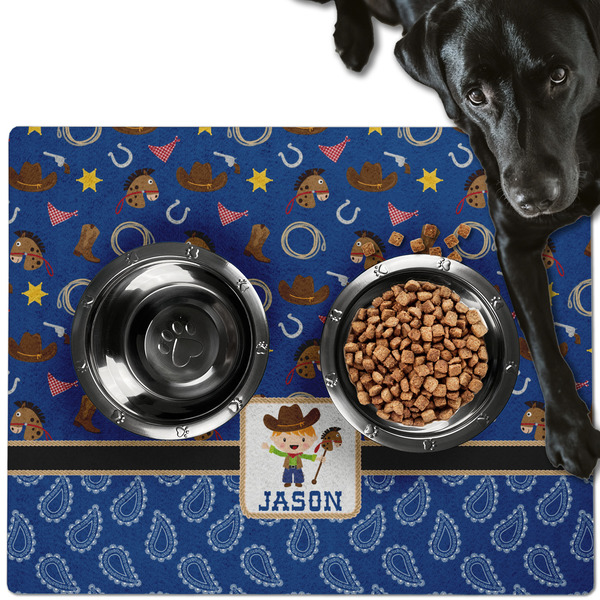 Custom Blue Western Dog Food Mat - Large w/ Name or Text