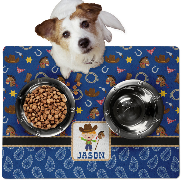 Custom Blue Western Dog Food Mat - Medium w/ Name or Text